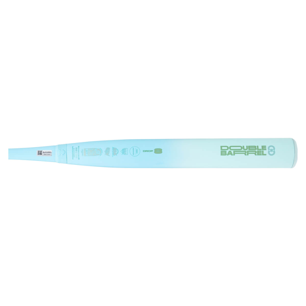 Side view of a light blue baseball bat with "DOUBLE BARREL 8" logo and "DROP 8" text.