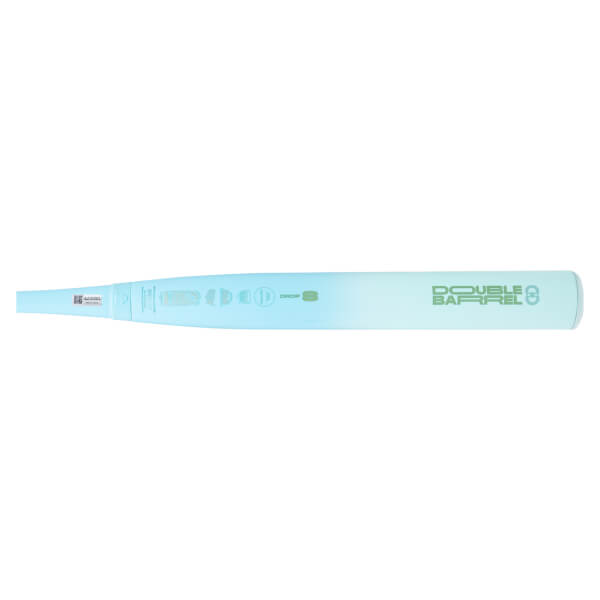 Side view of a light blue baseball bat with "DOUBLE BARREL 8" logo and "DROP 8" text.