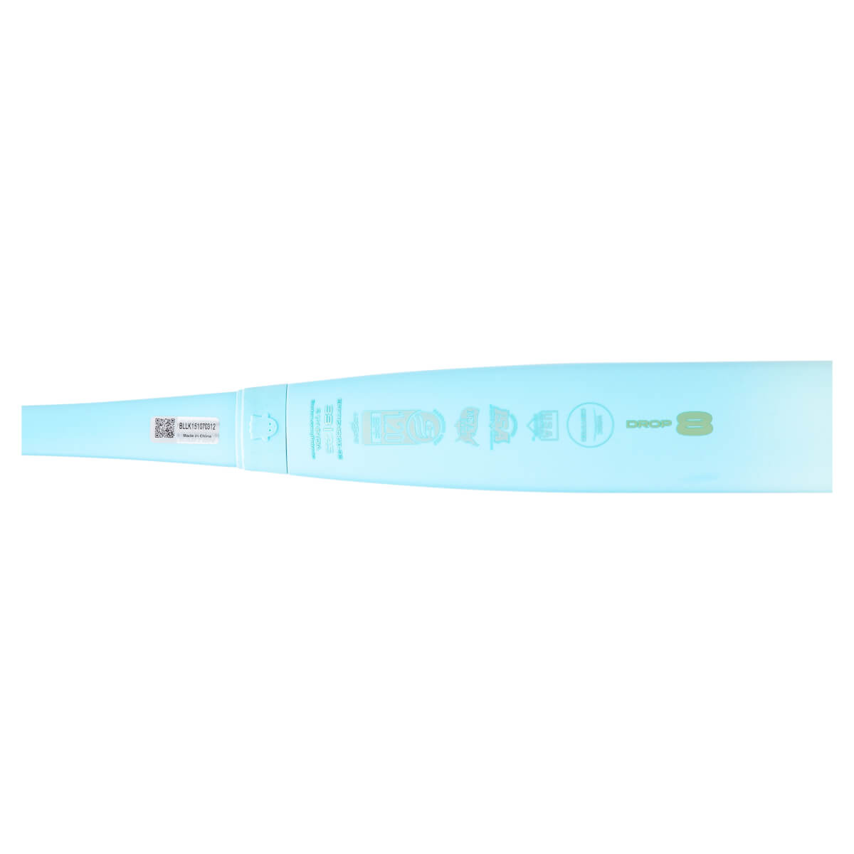 Side view of a light blue baseball bat with "DROP 8" and various certification logos.