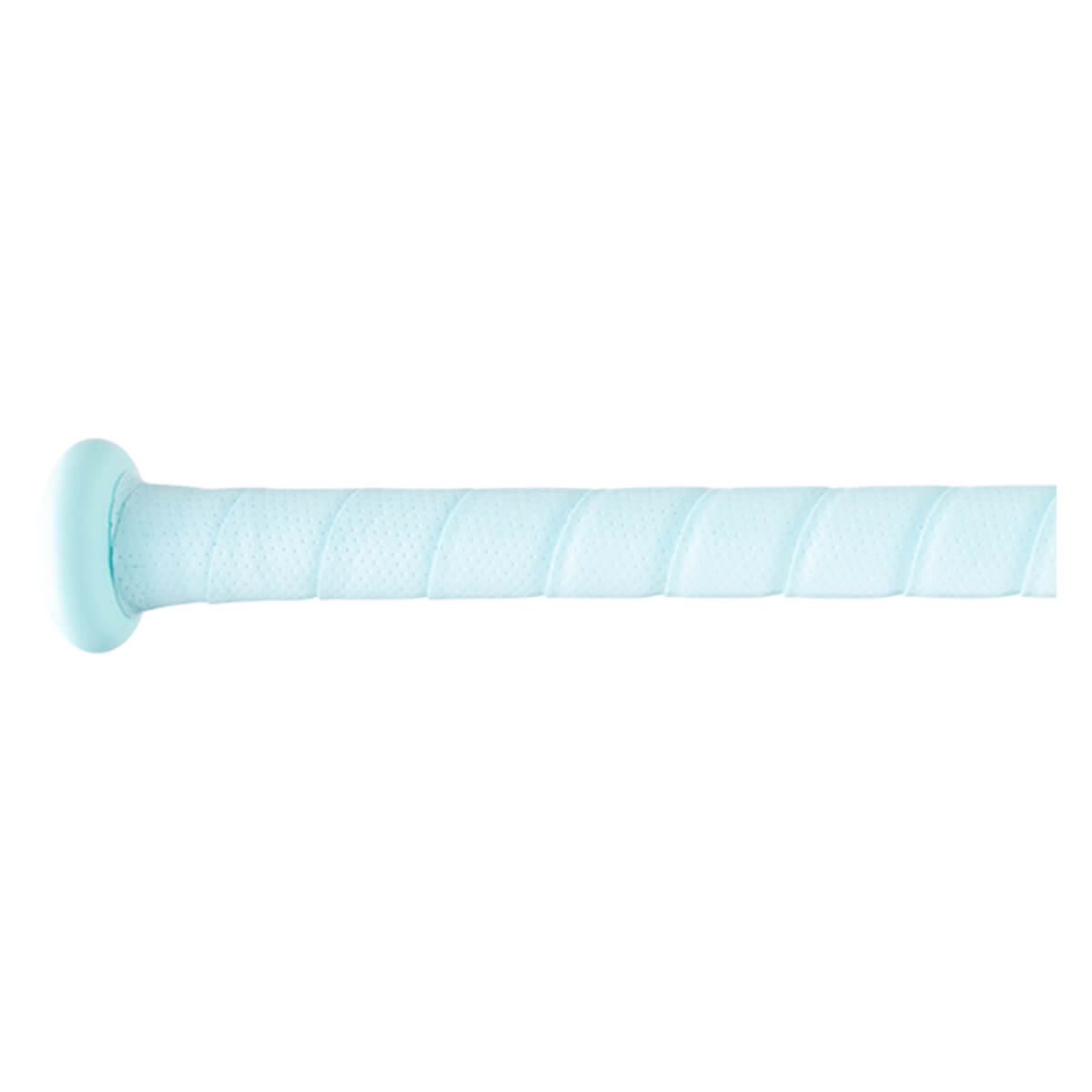 Side view of a light blue baseball bat grip with a textured, perforated pattern.