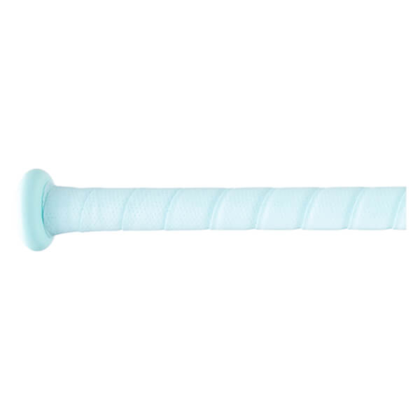 Side view of a light blue baseball bat grip with a textured, perforated pattern.