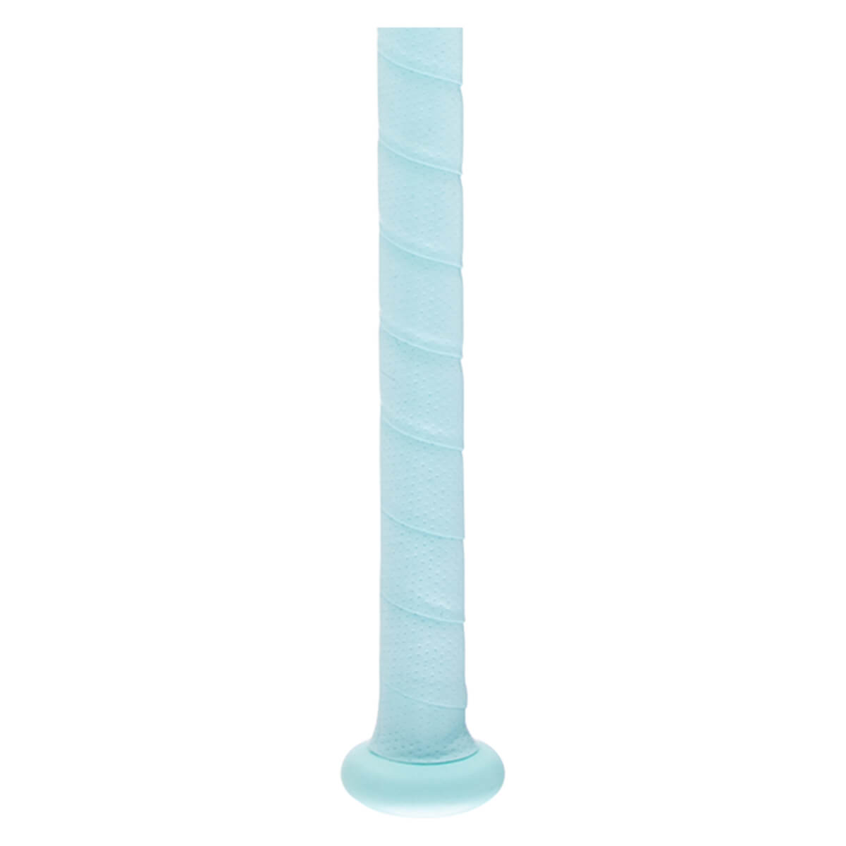 Close-up of a light blue grip with a textured, dotted pattern and a rounded end.