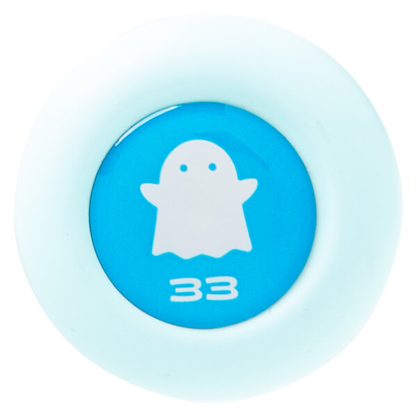Top-down view of a light blue circular object with a bright blue inner circle featuring a white ghost icon and the number 33.
