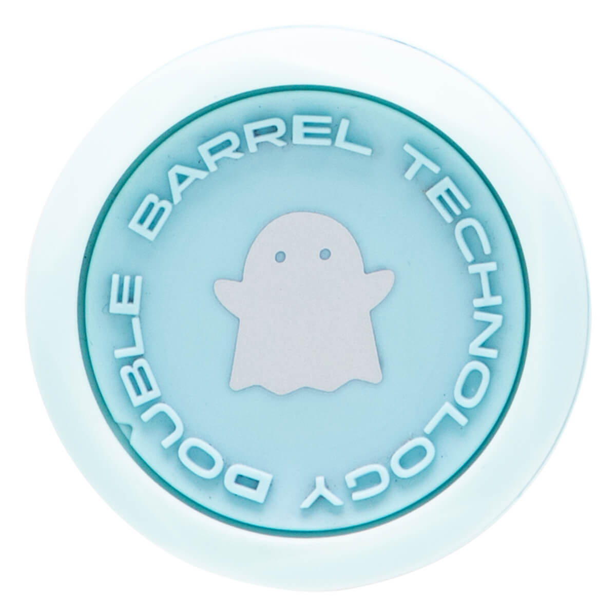 Top-down view of a circular blue product with a white ghost icon and text "DOUBLE BARREL TECHNOLOGY".