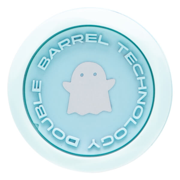 Top-down view of a circular blue product with a white ghost icon and text "DOUBLE BARREL TECHNOLOGY".
