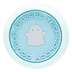 Top-down view of a circular blue product with a white ghost icon and text "DOUBLE BARREL TECHNOLOGY".