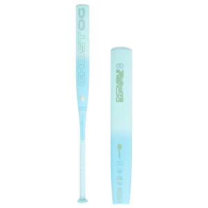 Side view of a light blue baseball bat with "GHOST OG" and "DOUBLE BARREL 8" text.