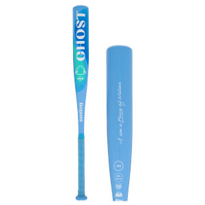 Front view of a blue Easton Ghost bat with "GHOST" and a ghost graphic.