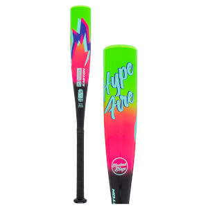 Side view of a black Easton baseball bat with neon green, pink, and blue "Hype Fire" graphics and "Blackout Blaze" text.
