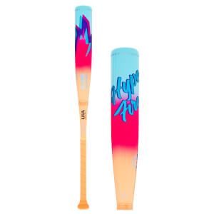 Front view of a baseball bat with a gradient of orange, pink, and blue, featuring lightning bolt graphics and "EASTON" text.