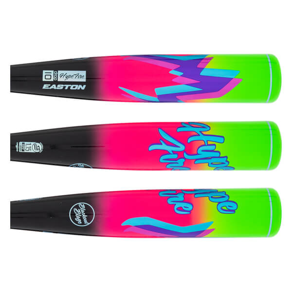 Top view of a baseball bat with "EASTON" and "Hype Fire" logos, featuring a neon pink to green gradient and abstract blue and purple graphics.