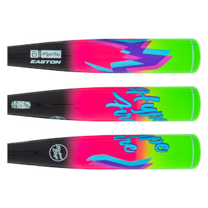 Top view of a baseball bat with "EASTON" and "Hype Fire" logos, featuring a neon pink to green gradient and abstract blue and purple graphics.