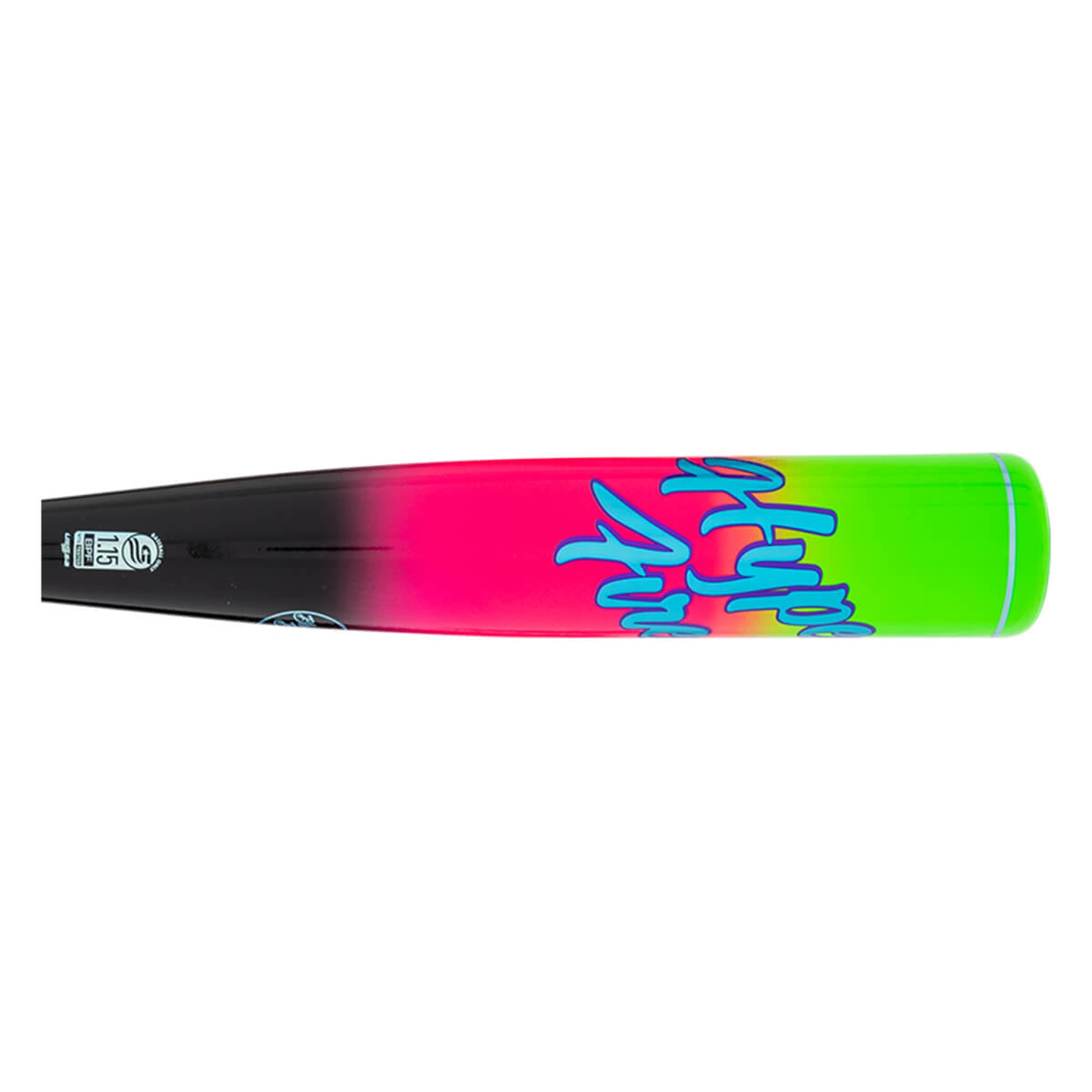 Side view of a baseball bat with a black to pink to green gradient and blue "Hype" lettering.