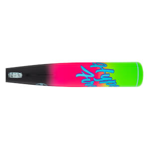 Side view of a baseball bat with a black to pink to green gradient and blue "Hype" lettering.