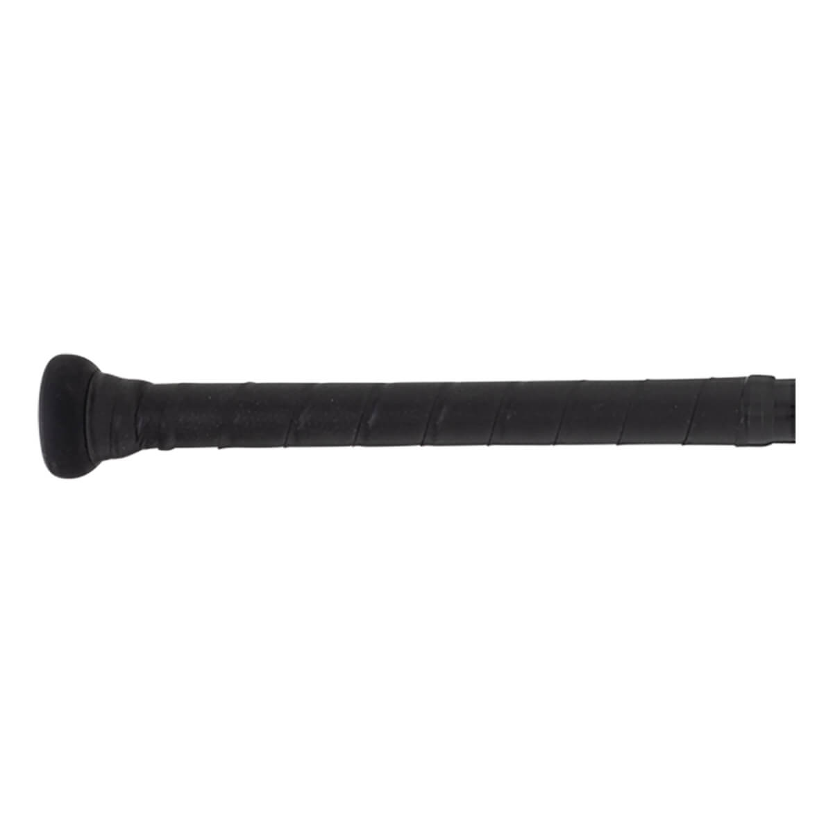 Close-up of a black baseball bat grip with a rounded knob.