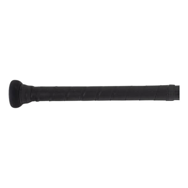 Close-up of a black baseball bat grip with a rounded knob.