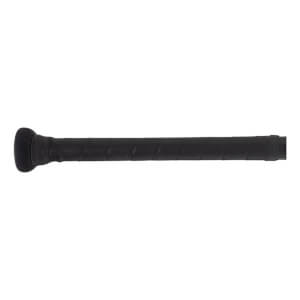 Close-up of a black baseball bat grip with a rounded knob.