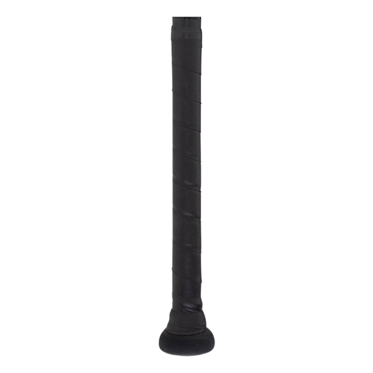 Close-up of the black grip on a baseball bat, showing the spiral texture and the knob.