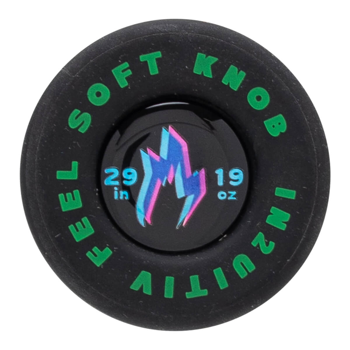 Top-down view of a black knob with green text "SOFT KNOB FEEL INTUITIVE" and a central logo with "29 in" and "19 oz".