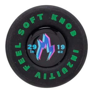 Top-down view of a black knob with green text "SOFT KNOB FEEL INTUITIVE" and a central logo with "29 in" and "19 oz".