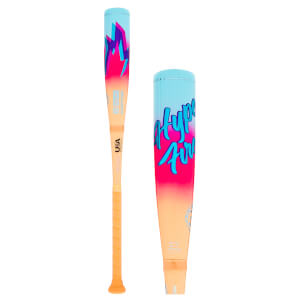 Front view of a baseball bat with a light blue and pink lightning bolt design, "Hype Fire" text, and an orange grip.