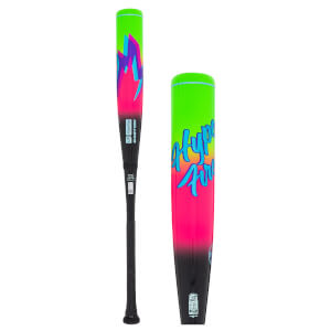 Front view of a baseball bat with a neon green top, pink and purple abstract design, and "EASTON" and "Hype Fire" text.