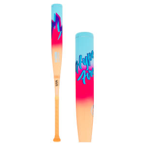 Front view of a baseball bat with a gradient of orange, pink, and blue, featuring lightning bolt graphics and "EASTON" text.