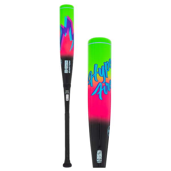 Side view of a baseball bat with a neon green, pink, and blue "Hype Fire" graphic and "Easton" branding.