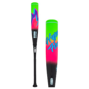 Side view of a baseball bat with a neon green, pink, and blue "Hype Fire" graphic and "Easton" branding.