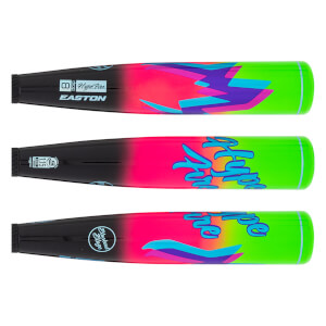 Top view of a baseball bat with "EASTON" and "Hype Fire" branding, featuring a neon green and pink gradient with abstract purple and blue shapes.
