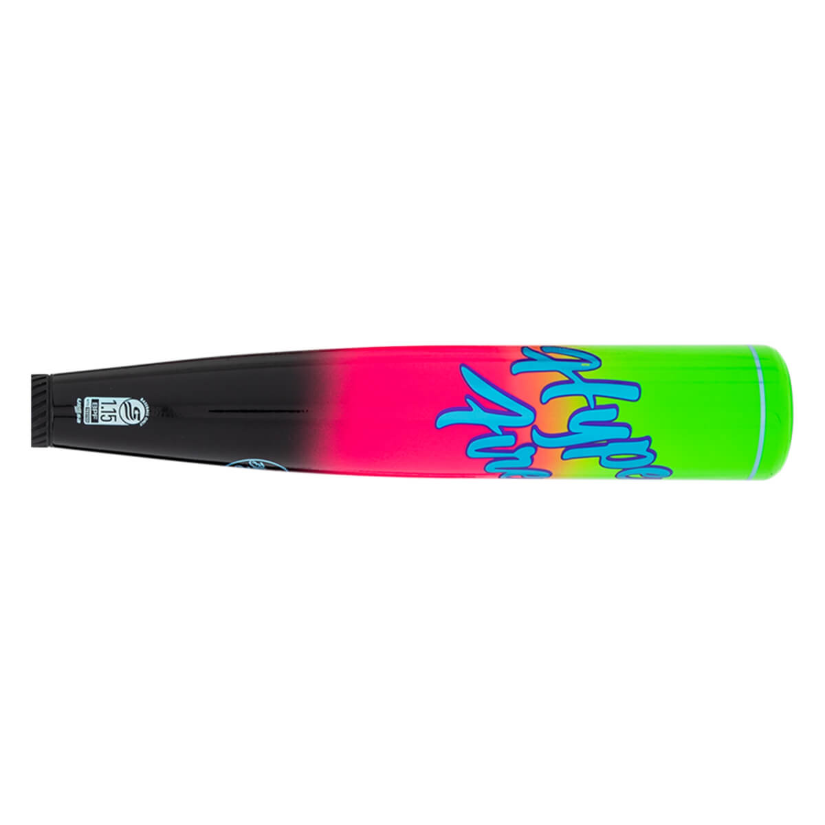 Top-down view of a baseball bat with a black to neon pink to neon green gradient and blue "FURY" text.