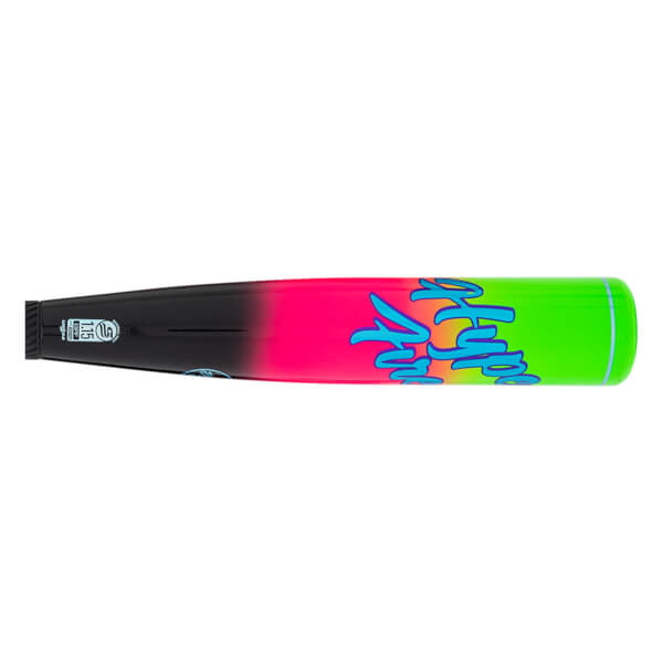 Top-down view of a baseball bat with a black to neon pink to neon green gradient and blue "FURY" text.