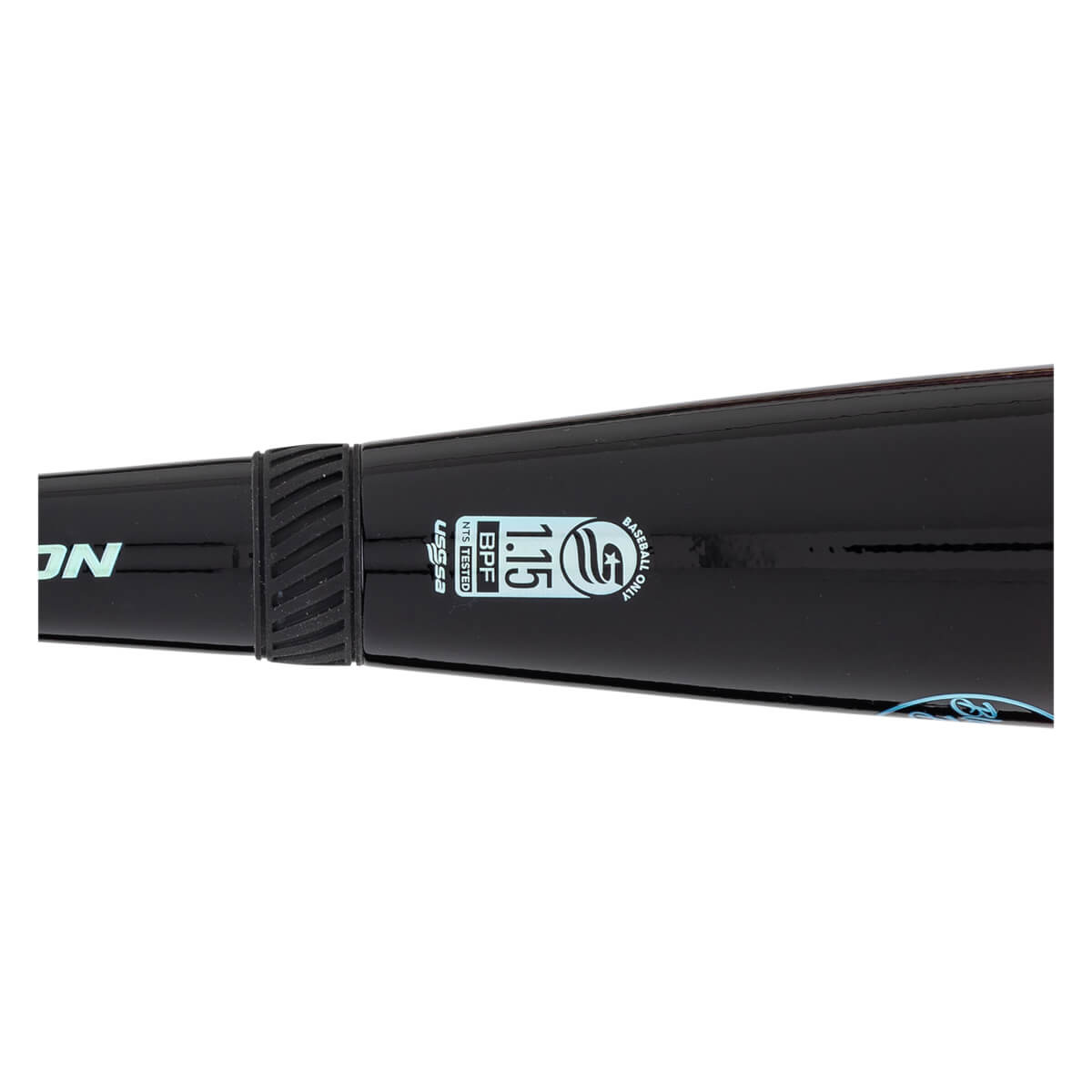 Close-up of a black baseball bat showing "USSSA", "1.15 BPF", and "BASEBALL ONLY" text.