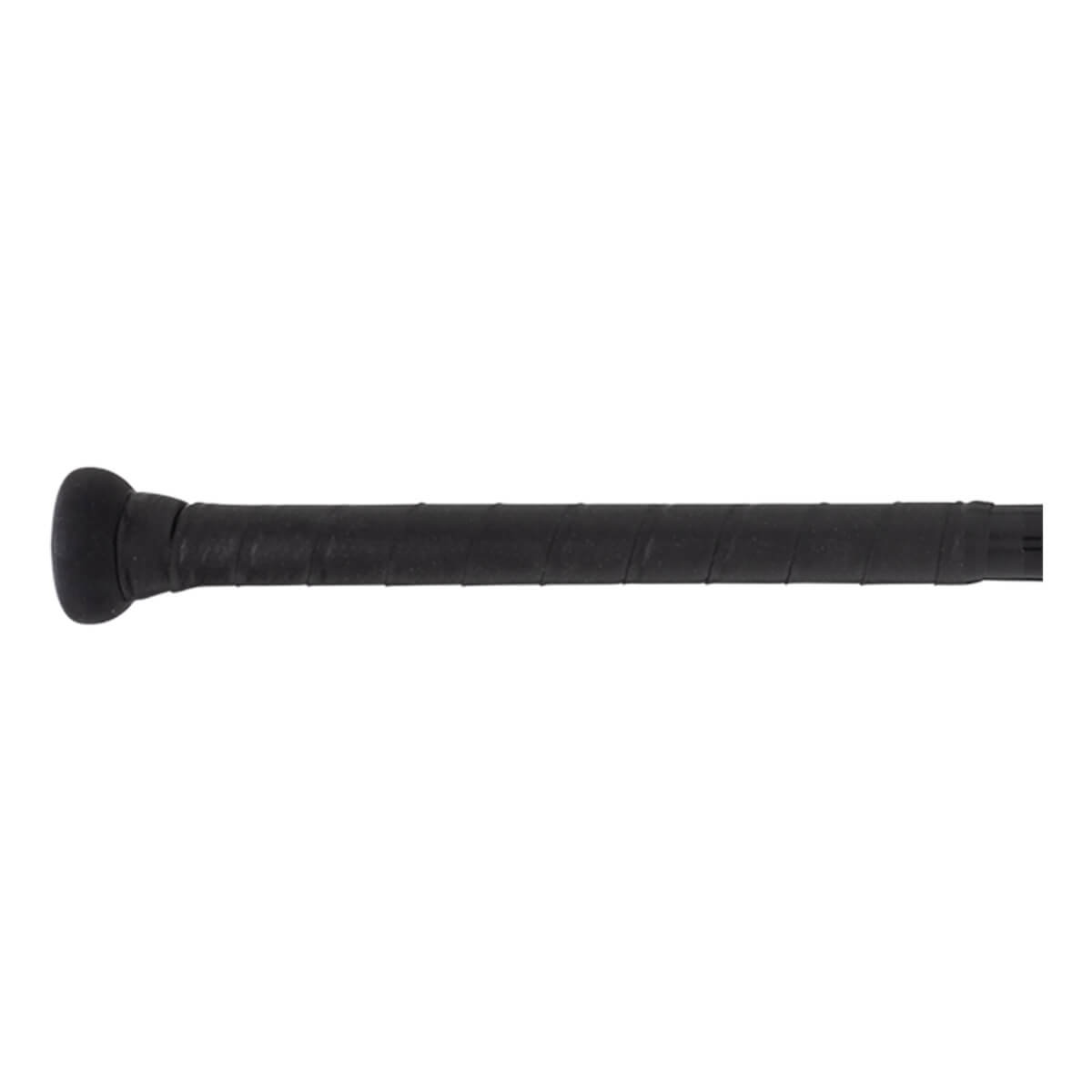 Close-up of a black baseball bat handle with a textured grip and a rounded knob.