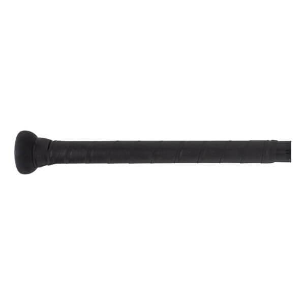 Close-up of a black baseball bat handle with a textured grip and a rounded knob.
