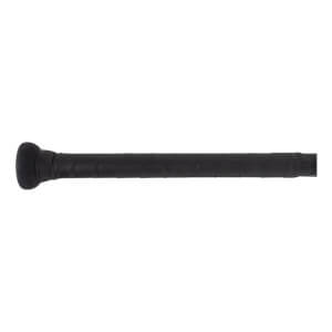 Close-up of a black baseball bat handle with a textured grip and a rounded knob.