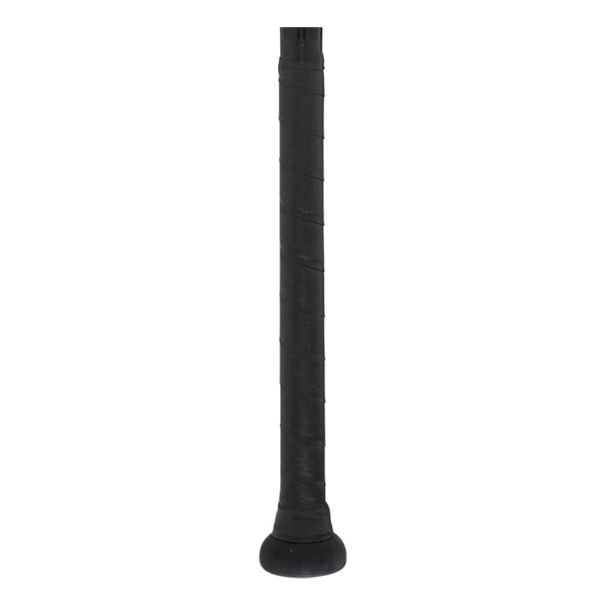 Close-up of a black baseball bat handle with textured grip tape and a rounded knob.