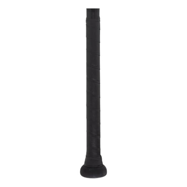 Close-up of a black baseball bat handle with textured grip tape and a rounded knob.