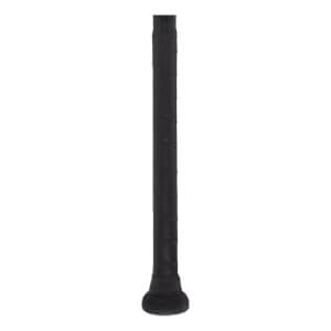 Close-up of a black baseball bat handle with textured grip tape and a rounded knob.