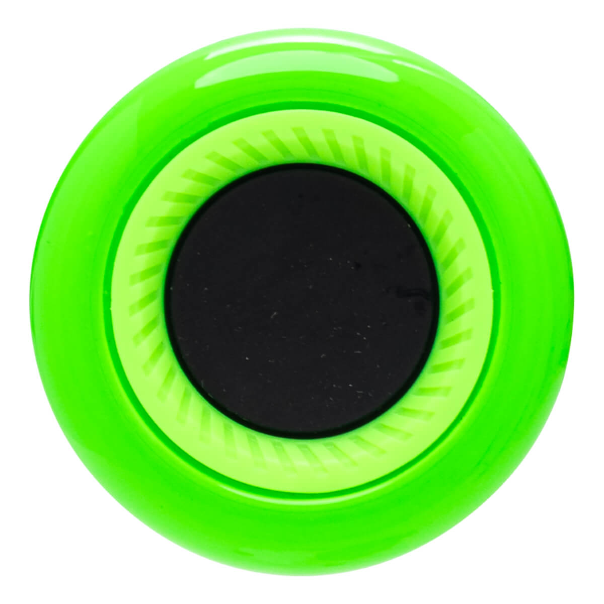 Top-down view of a bright green circular object with a black center and textured light green rings.