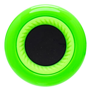 Top-down view of a bright green circular object with a black center and textured light green rings.