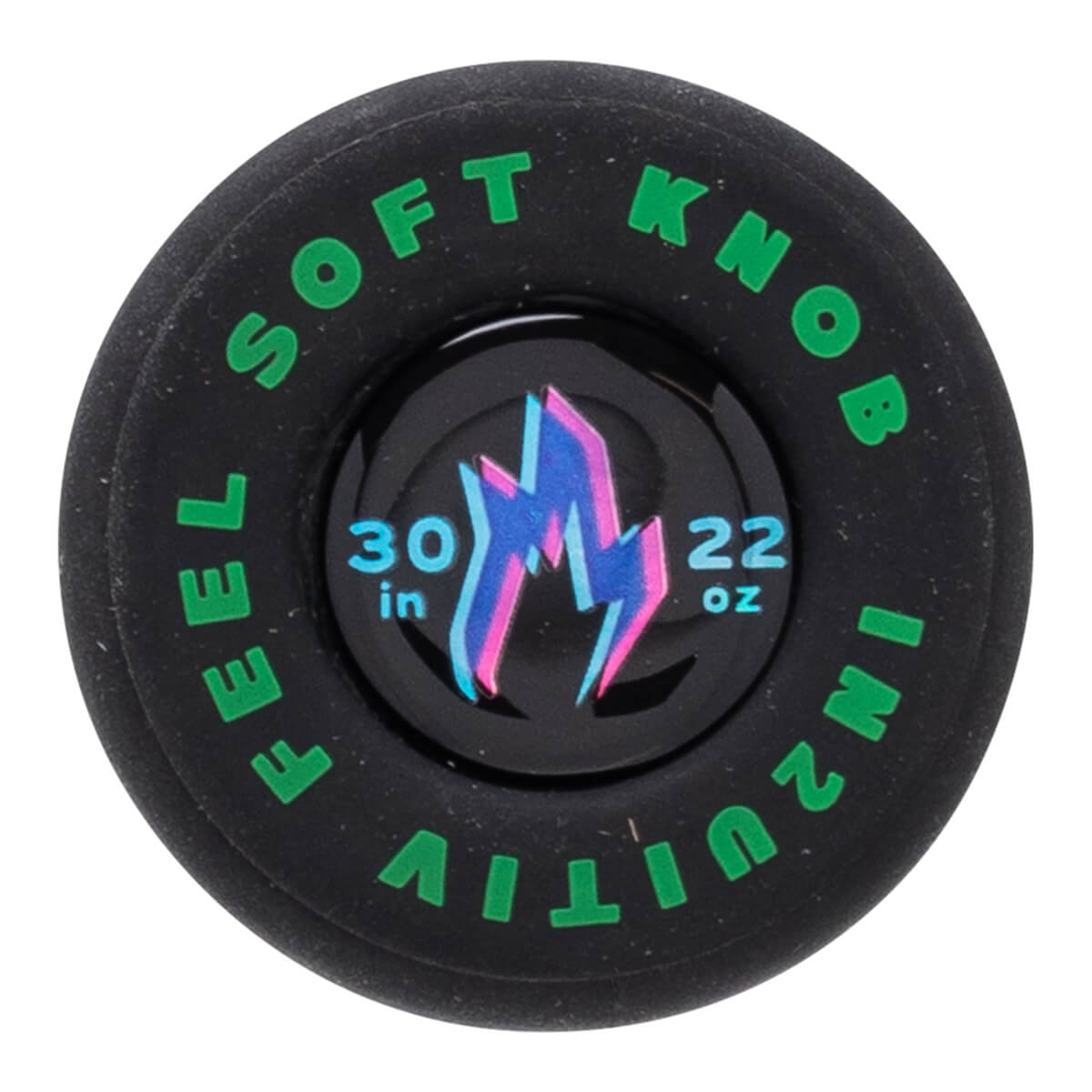 Top-down view of a black knob with green text "SOFT KNOB FEEL INUITIVE" and a lightning bolt logo with "30 in 22 oz".