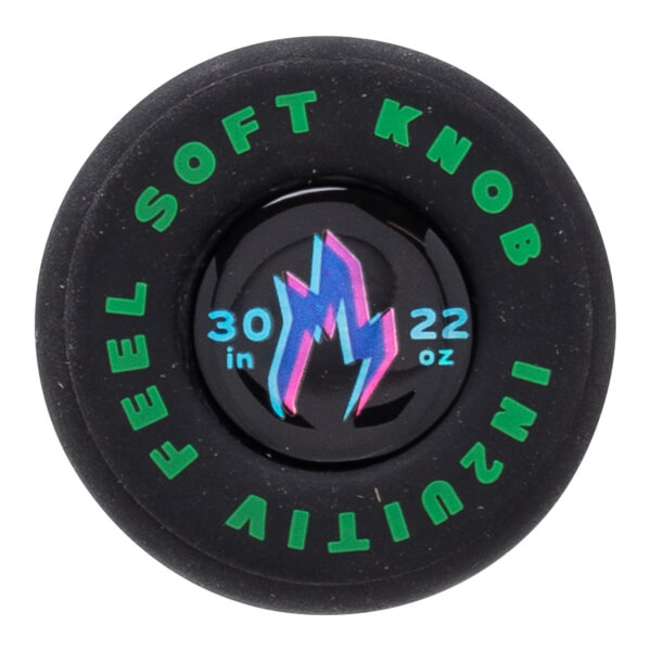 Top-down view of a black knob with green text "SOFT KNOB FEEL INUITIVE" and a lightning bolt logo with "30 in 22 oz".