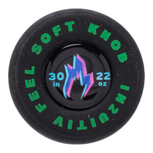 Top-down view of a black knob with green text "SOFT KNOB FEEL INUITIVE" and a lightning bolt logo with "30 in 22 oz".