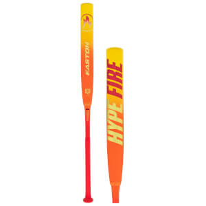 Side view of a baseball bat with "EASTON" and a flame logo, and a close-up of the barrel with "HYPE FIRE" in large letters.