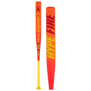 Side view of an orange Easton bat with "HYPE FIRE" in yellow and red lettering.