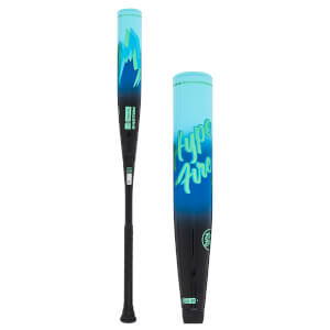 Side view of a black Easton bat with a blue and green gradient design and "Hype Fire" text.