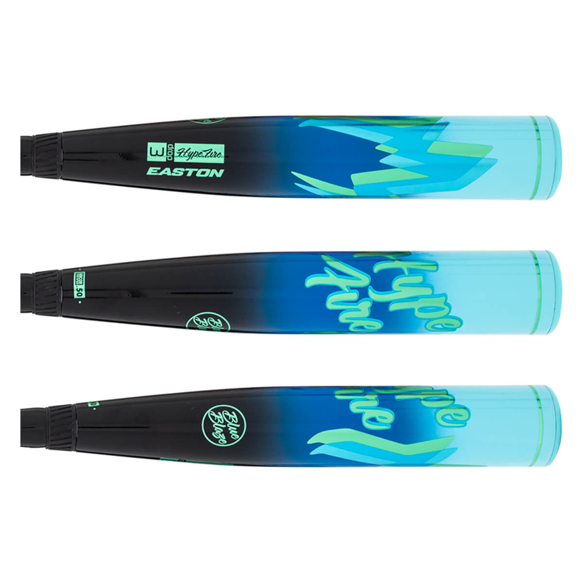 Top-down view of three baseball bats with blue and green lightning bolt graphics and "Easton" branding.