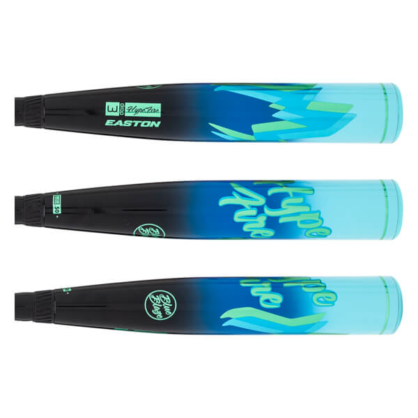 Top-down view of three baseball bats with blue and green lightning bolt graphics and "Easton" branding.