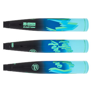 Top-down view of three baseball bats with blue and green lightning bolt graphics and "Easton" branding.